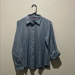 Talbots Chambray Polka‎ Dot Size 8 Button Front Shirt Blue White Roll Tab Sleeve